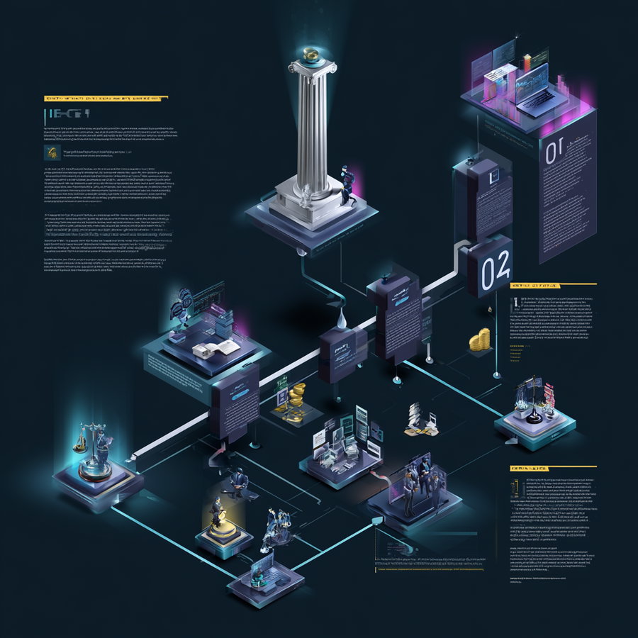 A digital concept art illustration depicting a complex legal and financial workflow with various technological and legal iconography including scales of justice, a column with a gavel on top, stacks of documents, laptops, coins, and people interacting with digital interfaces connected by lines and nodes on a dark background
