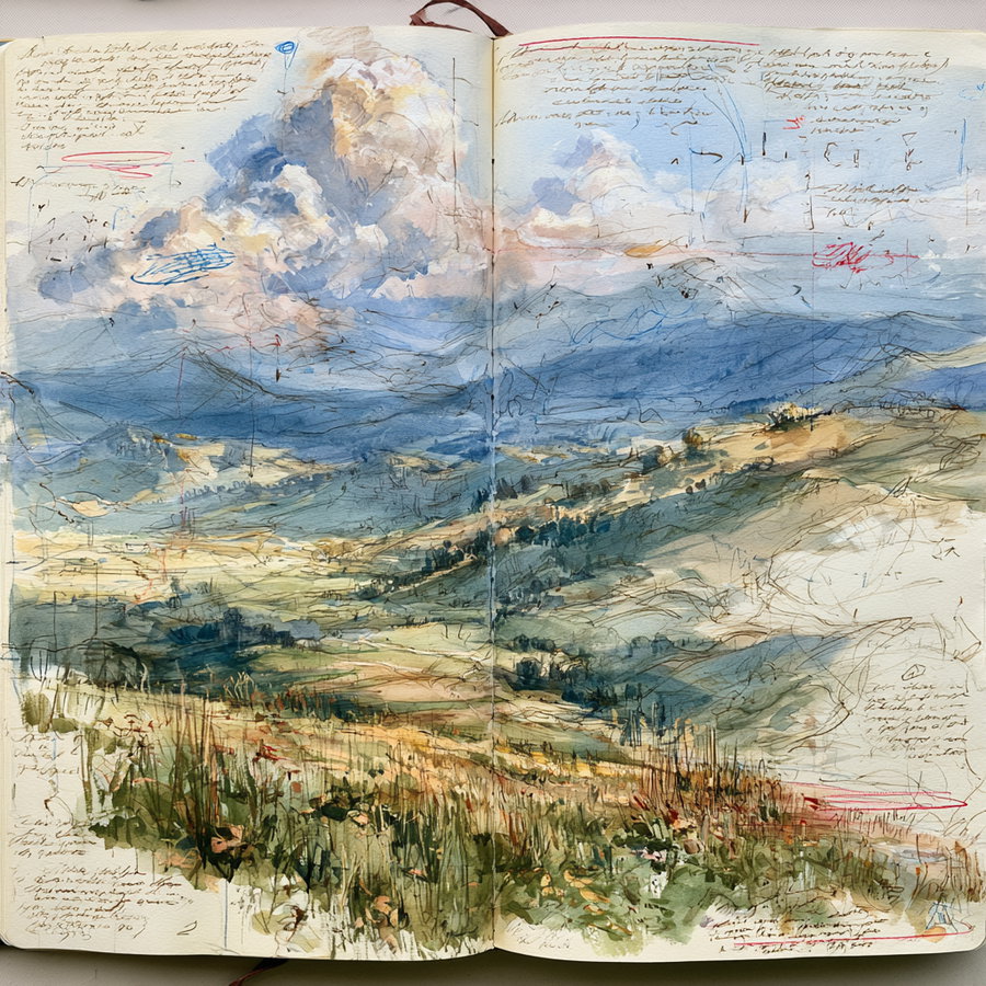 An open sketchbook showing a detailed watercolor and ink painting of a hilly landscape with grasses in the foreground and dramatic clouds in the sky, with scribbled notes and sketches around the edges.