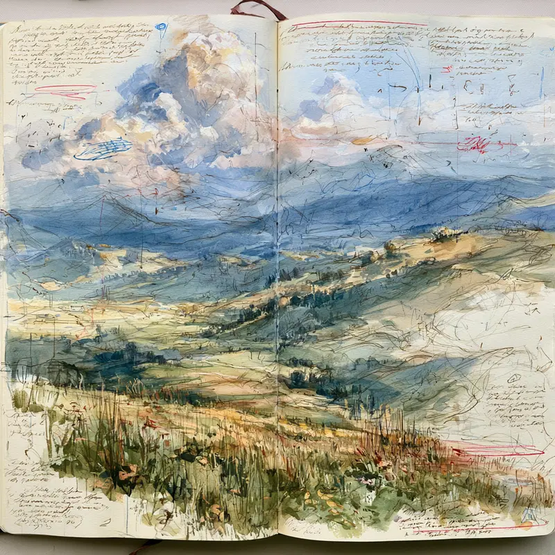 Watercolor and ink landscape painting of hills under a dynamic sky
