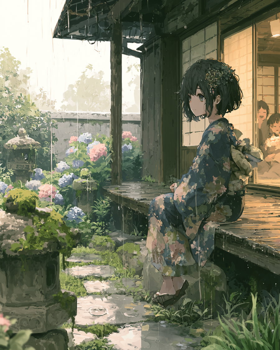 Anime-style girl with short dark hair wearing a floral kimono sits on a wooden veranda in the rain, overlooking a garden with colorful hydrangeas and moss-covered stones.