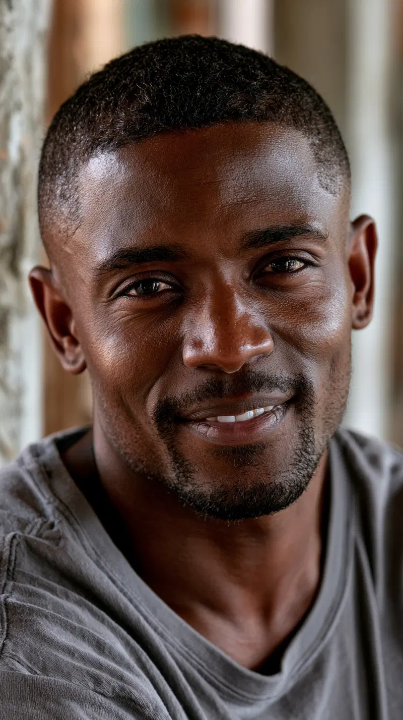 Close-up portrait of a smiling man with short hair and a beard