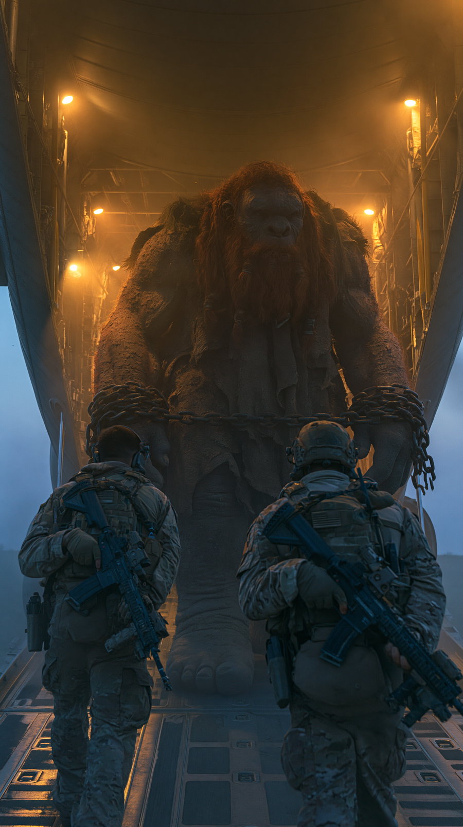 Two armed soldiers in tactical gear escort a massive stone and moss covered chained troll with a beard inside the cargo hold of an aircraft under warm lighting