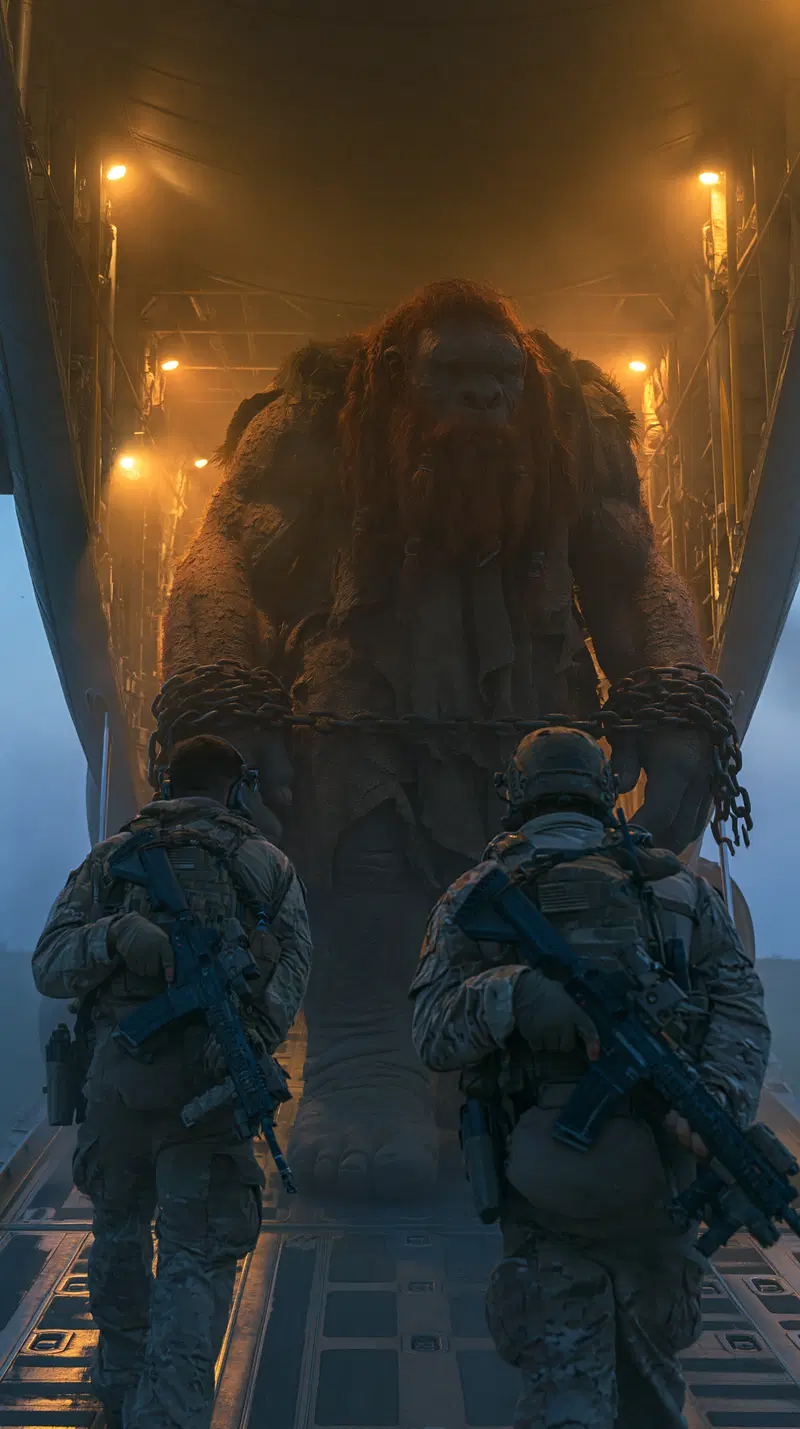 Soldiers escort a giant chained troll inside a dimly lit aircraft cargo bay
