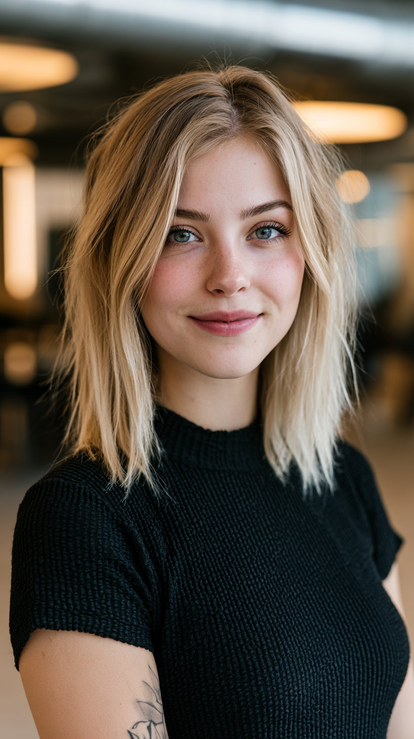 Young woman with blonde hair wearing a black textured top, smiling gently at the camera, blurred indoor background