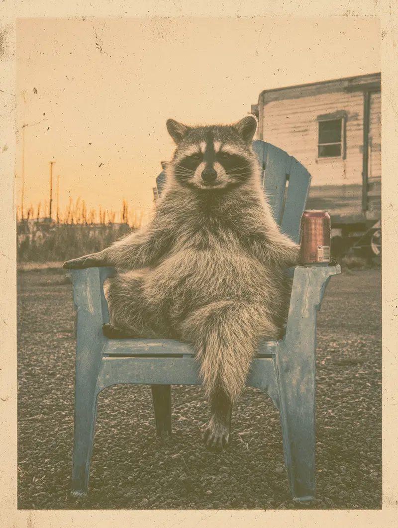 Vintage style photo of a raccoon sitting in a chair holding a can
