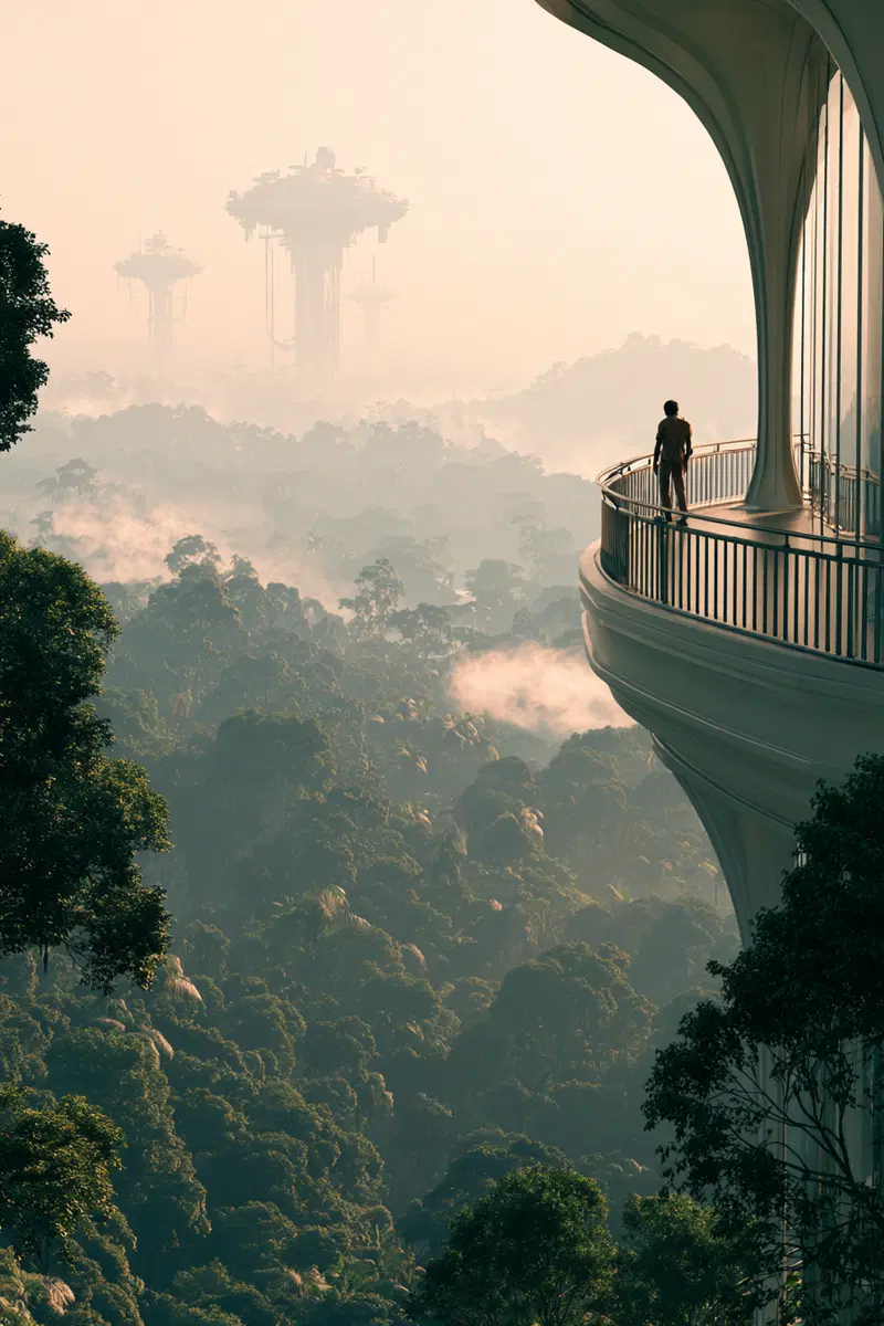 Person standing on futuristic balcony overlooking misty forest and sci-fi towers