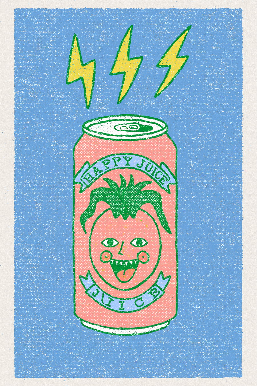 Illustration of a pink juice can with a face that has green hair, two eyes, red cheeks, tongue out, and sharp teeth, labeled Happy Juice, with three yellow lightning bolts above it on a blue background