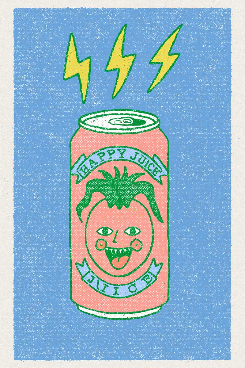 Colorful illustration of a happy juice can with a playful face