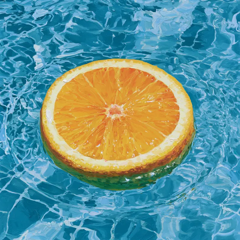 Oil Painting of a Slice of Orange Floating on Water Surface