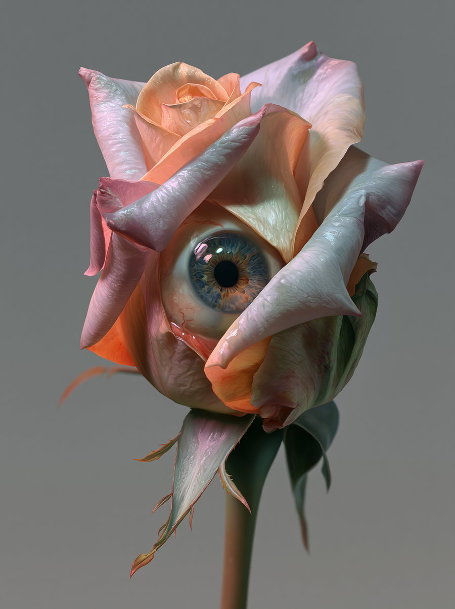 A close-up of a rose with a human eye embedded in the center of the petals, blending organic flower textures with realistic eye details on a neutral gray background.