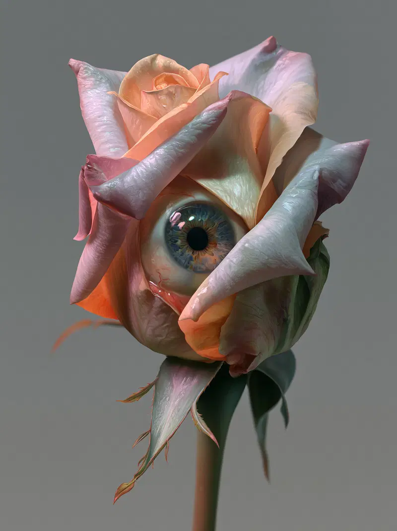 Surreal rose with a realistic human eye embedded among its petals