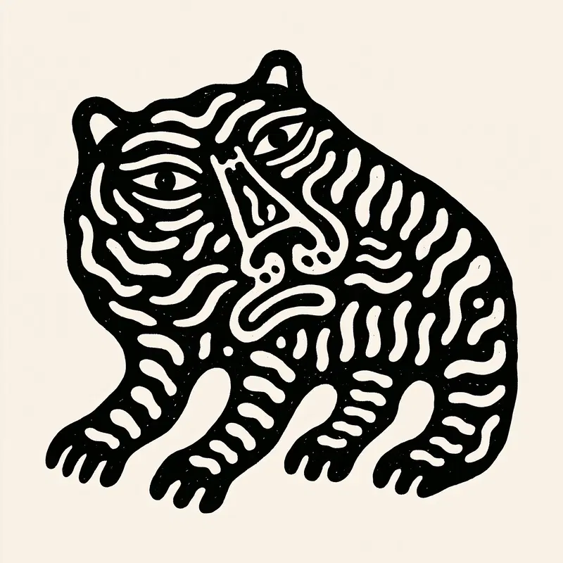 Minimalist black and white stylized illustration of a tiger with expressive eyes