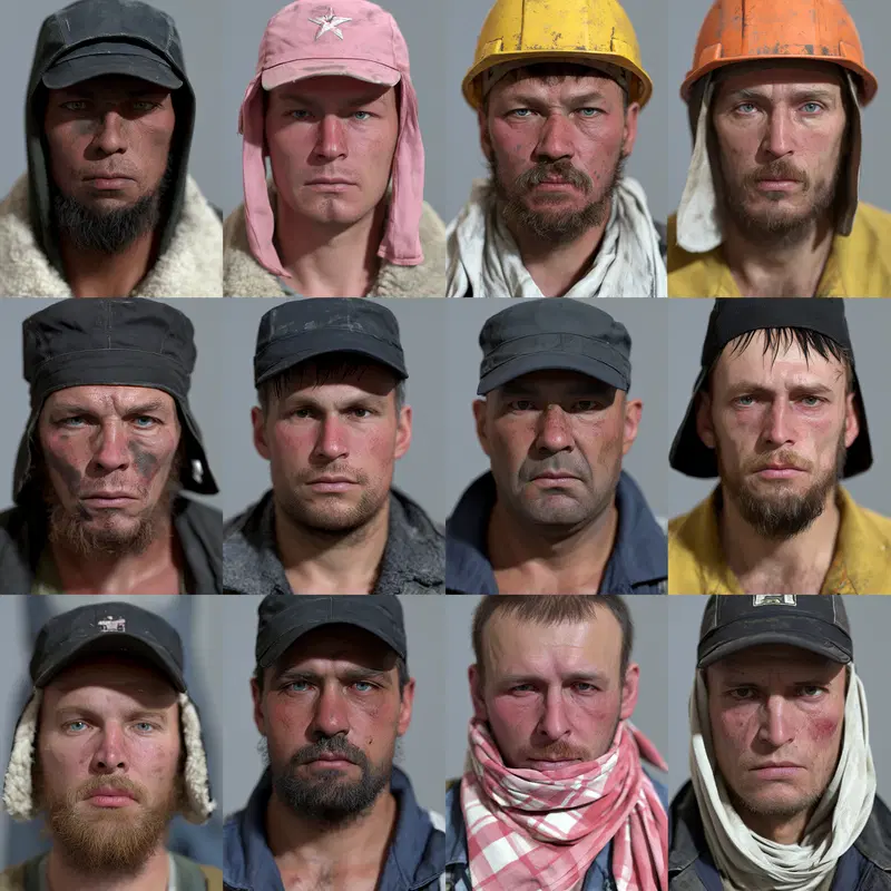 Detailed digital portraits of men wearing various hats and work attire
