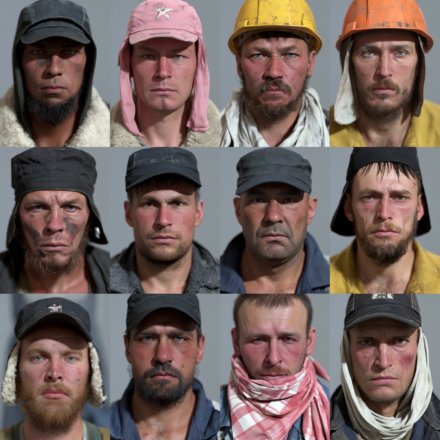 A grid of twelve digital portrait images showing men with various facial hair styles, wearing different hats including caps, hard hats, and winter hats, dressed in work clothes with serious expressions against a plain grey background.