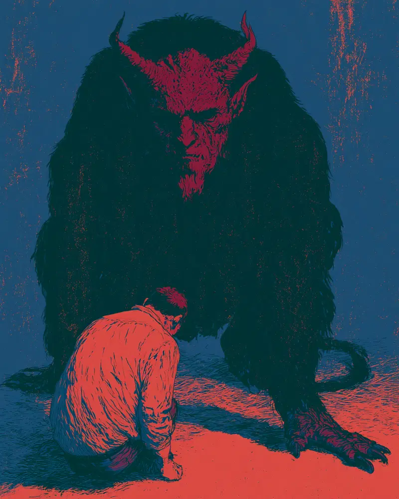 Dark fantasy illustration of a man sitting before a large demonic creature
