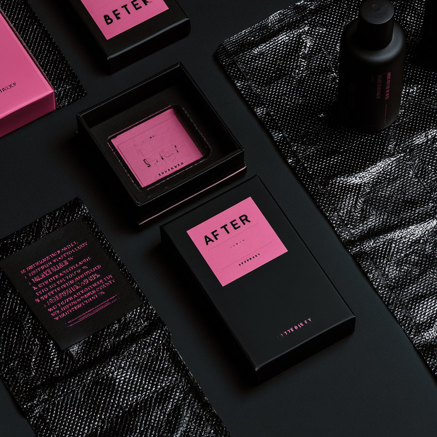 Flat lay of sleek black and pink packaging boxes and objects arranged on a black surface