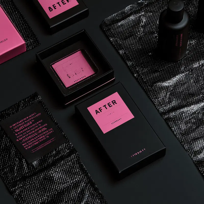 Creative packaging design featuring black and pink color theme