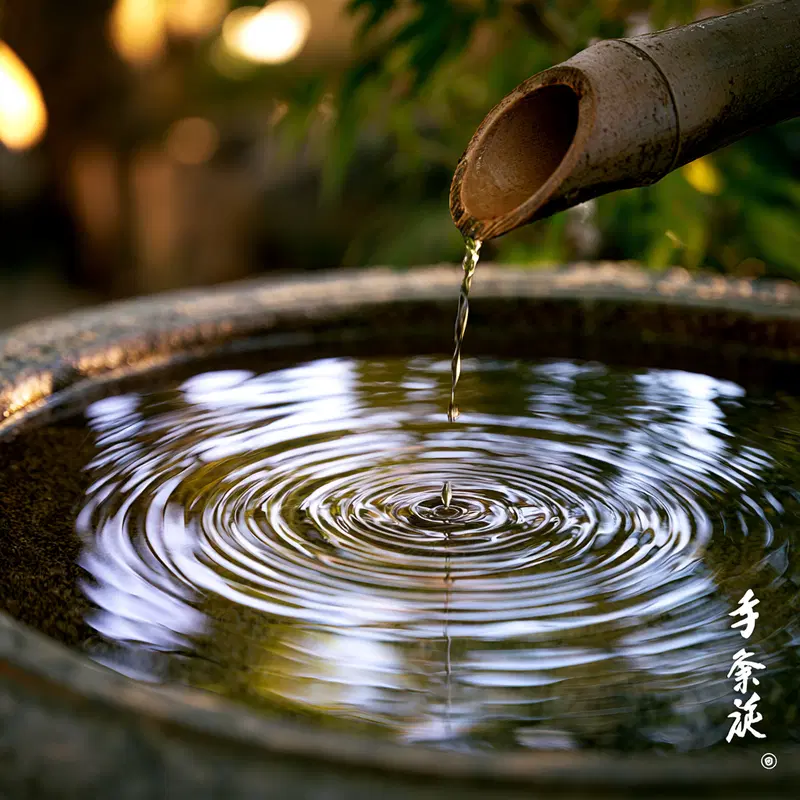 Calm water ripples created by a bamboo spout trickling water into a stone basin