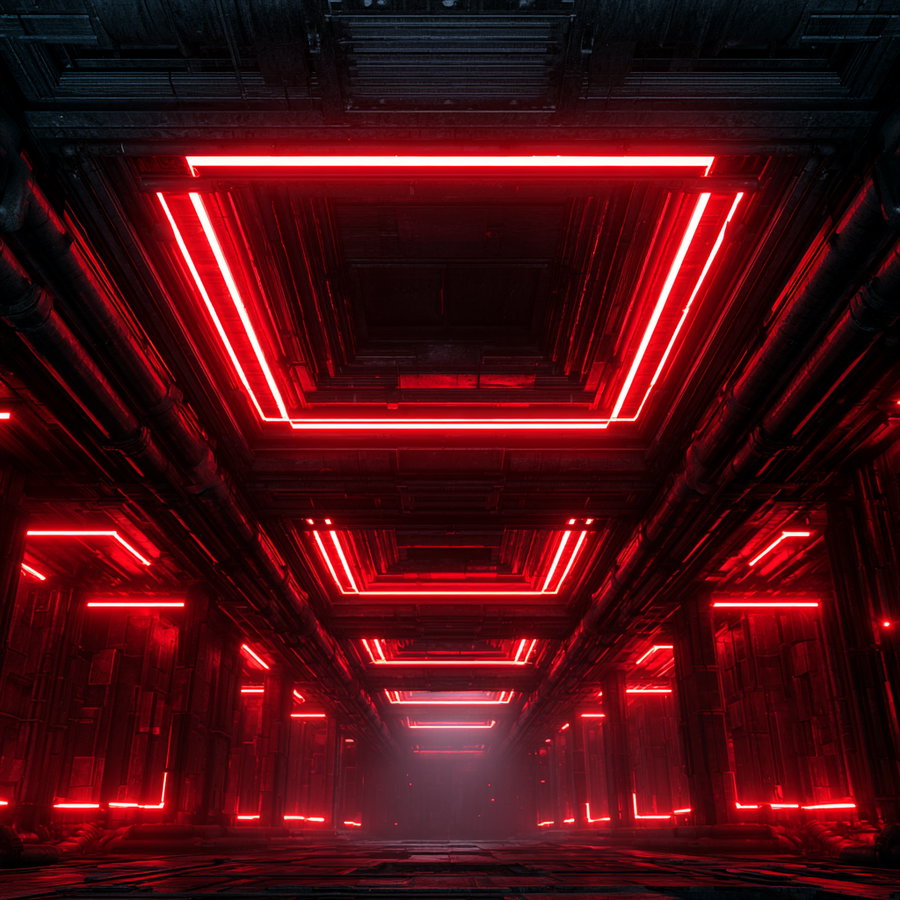 Dark industrial corridor with walls and ceiling featuring glowing red neon rectangular shapes creating a cyberpunk atmosphere
