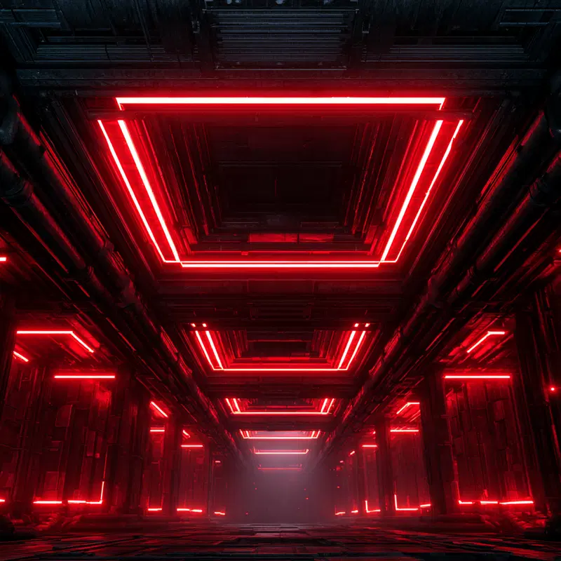 Futuristic corridor illuminated by vibrant red neon rectangular lights