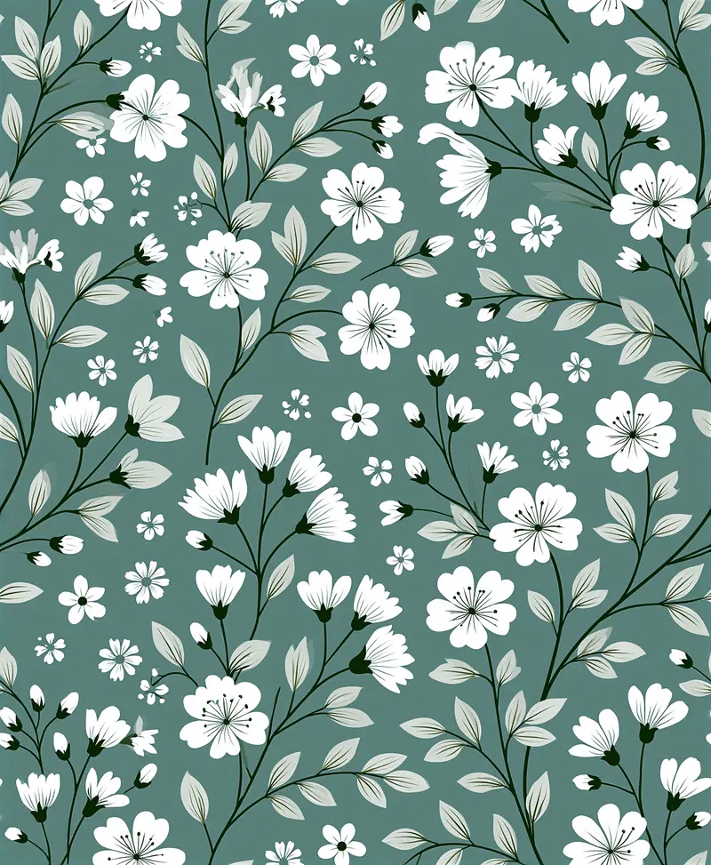 Seamless pattern of white and pale green floral design on teal background