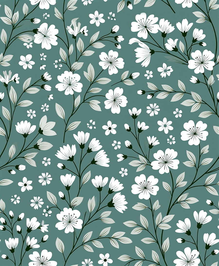 White and pale green flowers with leaves on thin dark stems arranged in a repeating pattern on a teal background