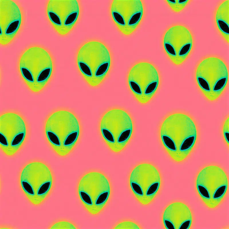 Pattern of stylized green alien heads on bright pink background