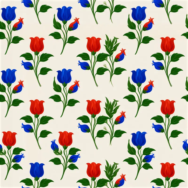 Seamless pattern of vibrant red and blue hand-painted flowers with green leaves