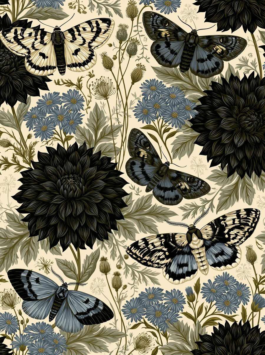 An artwork featuring black and blue moths among large black flowers, blue daisies, and various leaves and seed pods on a beige background