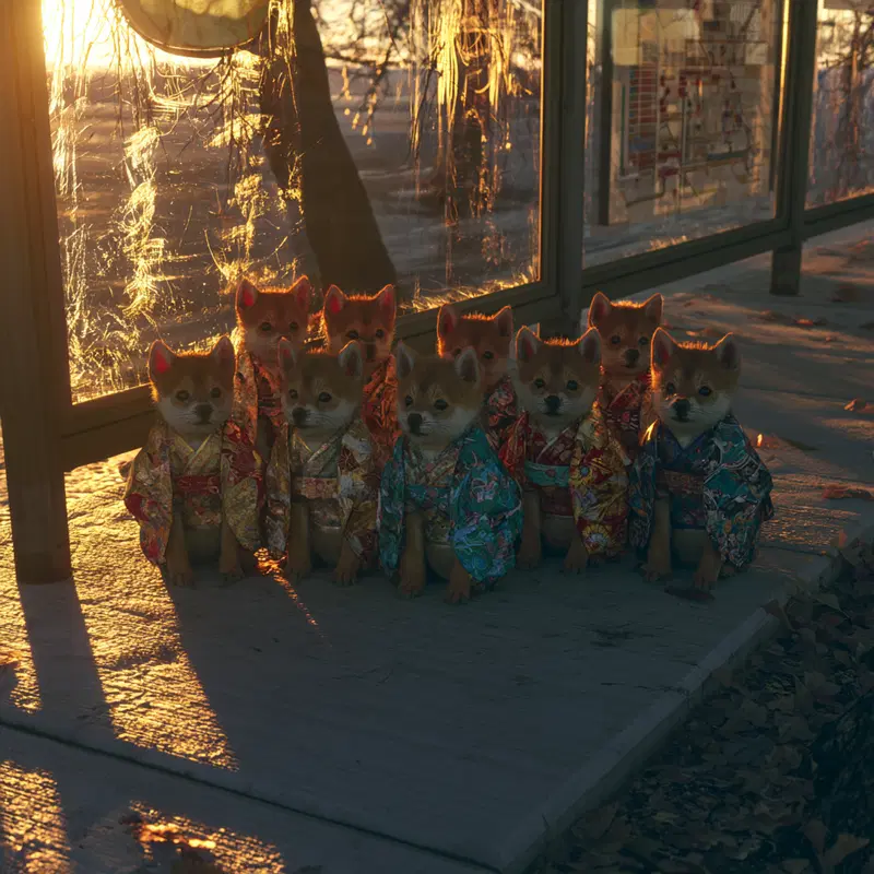 Group of shiba inu puppies dressed in colorful traditional kimonos at a bus stop