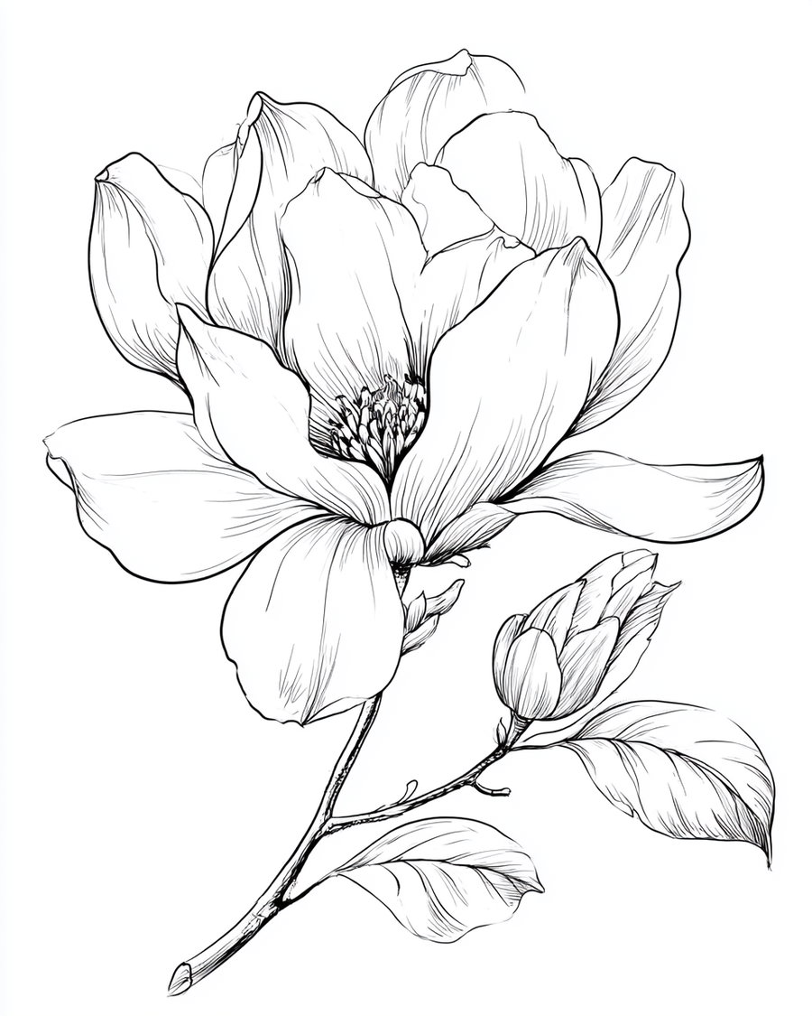 Black and white ink illustration of a blooming flower with several open petals, two leaves, a bud, and a stem on a white background