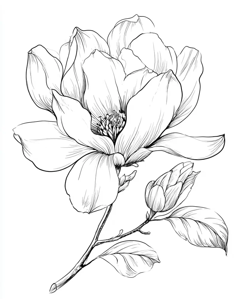 Detailed ink drawing of a blooming flower with leaves and a bud