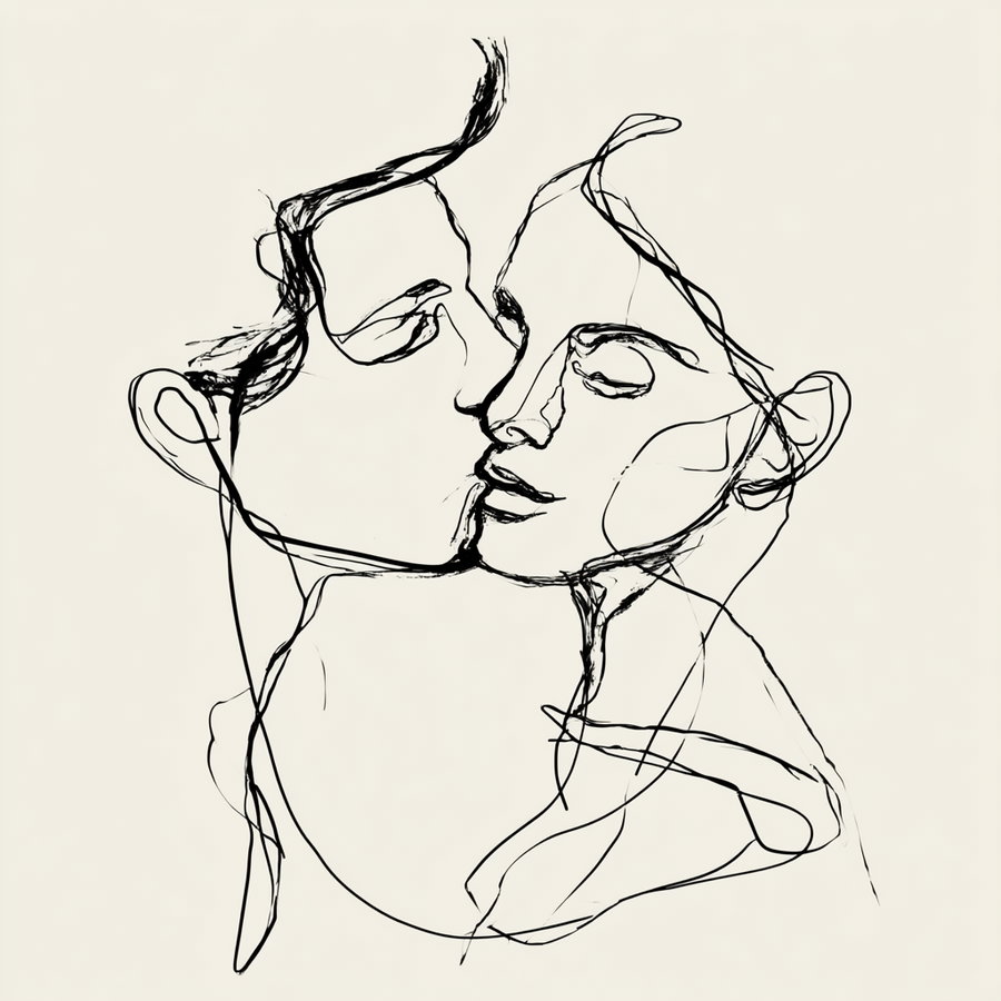Black abstract line art depicting two faces close together, one kissing the other on the lips, with simple contour lines on a plain background