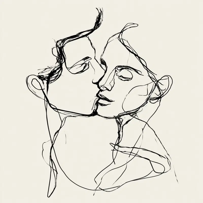 Minimalist line drawing of a couple sharing a tender kiss