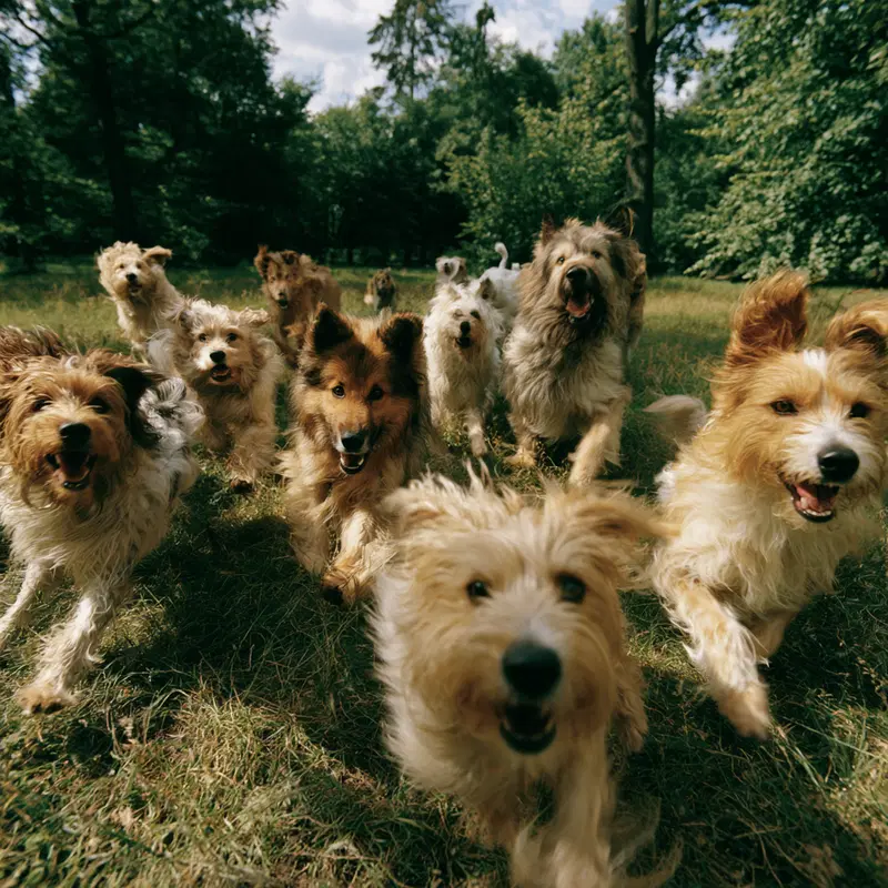 Group of happy dogs running through a grassy wooded area on a sunny day