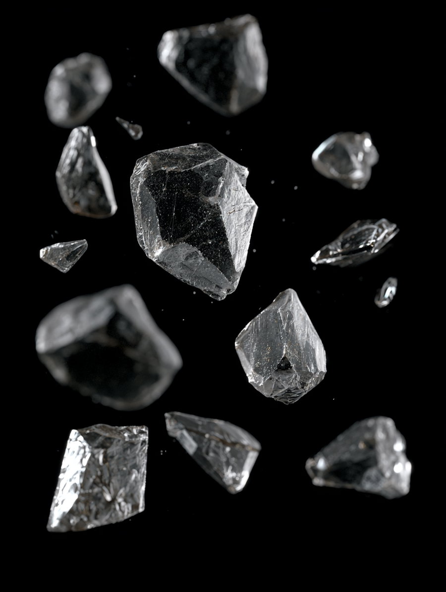 A collection of transparent mineral crystals floating against a black background, showing detailed facets and shiny surfaces