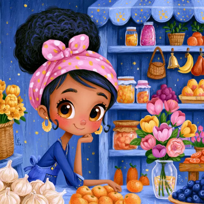 Whimsical character design of a girl with vibrant market fruits and flowers