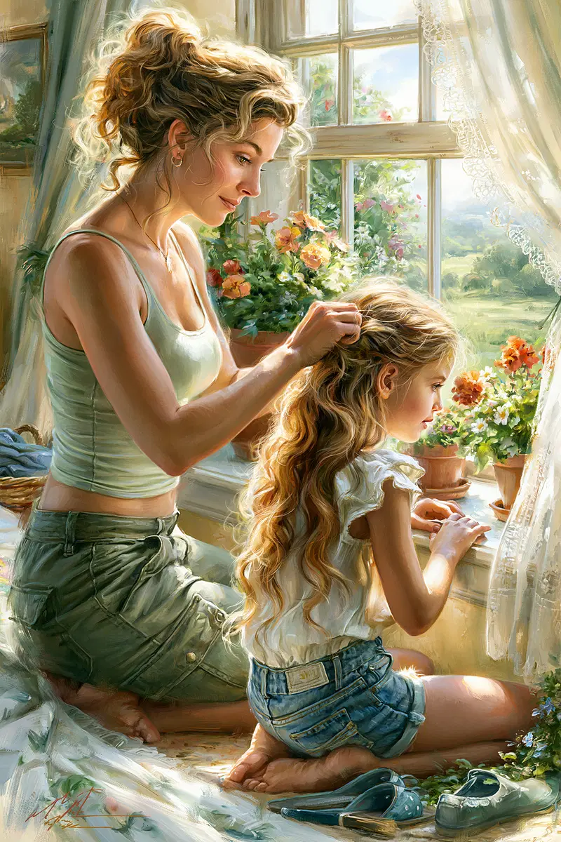 A tender moment of a woman braiding a young girl's hair by a window
