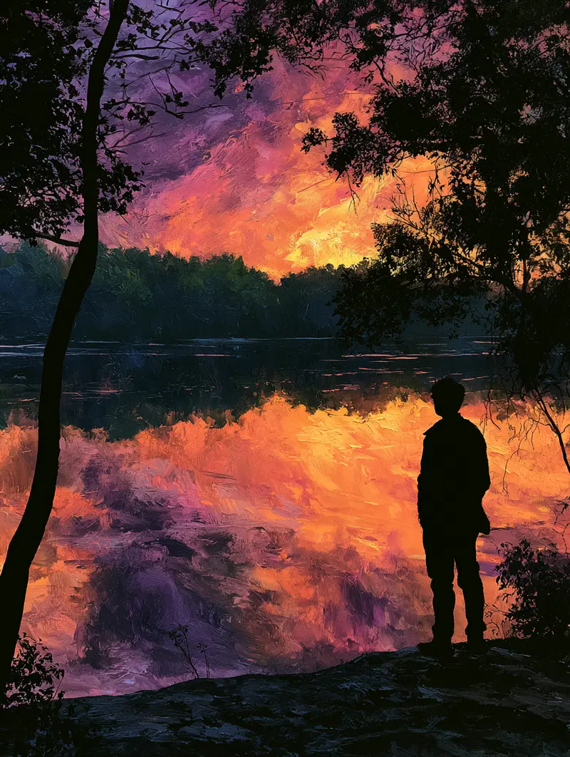 Silhouette by a lakeside during a vibrant colorful sunset