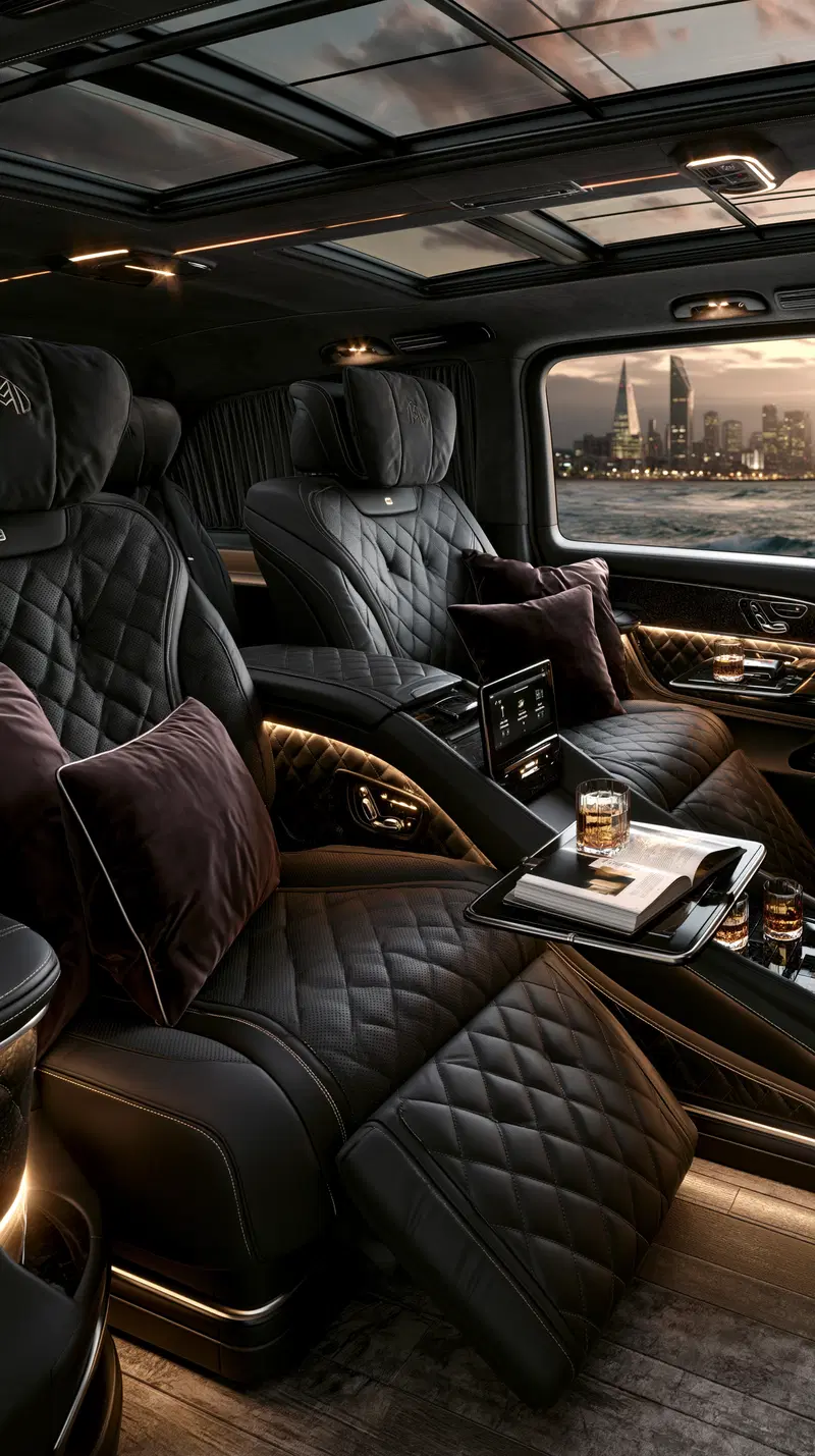 Luxurious car interior with black leather seats and cityscape view