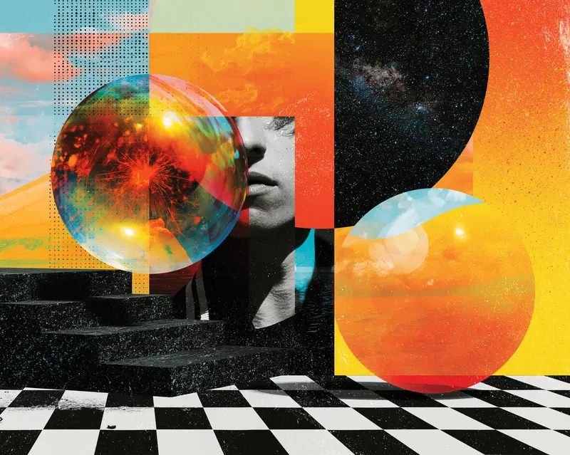 Surreal collage combining human portrait, cosmic spheres, and geometric patterns