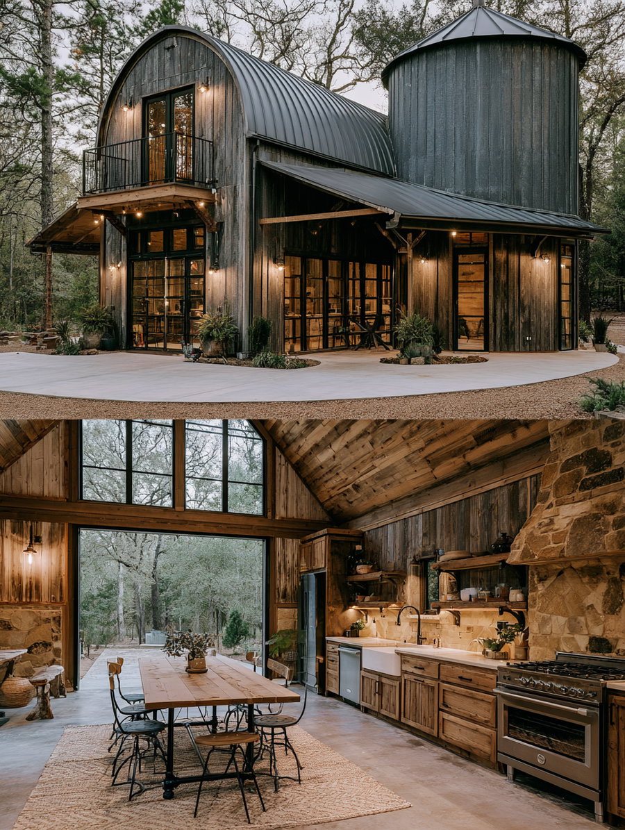 A modern barn-style house exterior with metal curved roof and large windows. Inside, a rustic kitchen and dining area with wooden cabinetry, stone fireplace, farmhouse sink, metal and wood chairs, and large windows overlooking a wooded area.