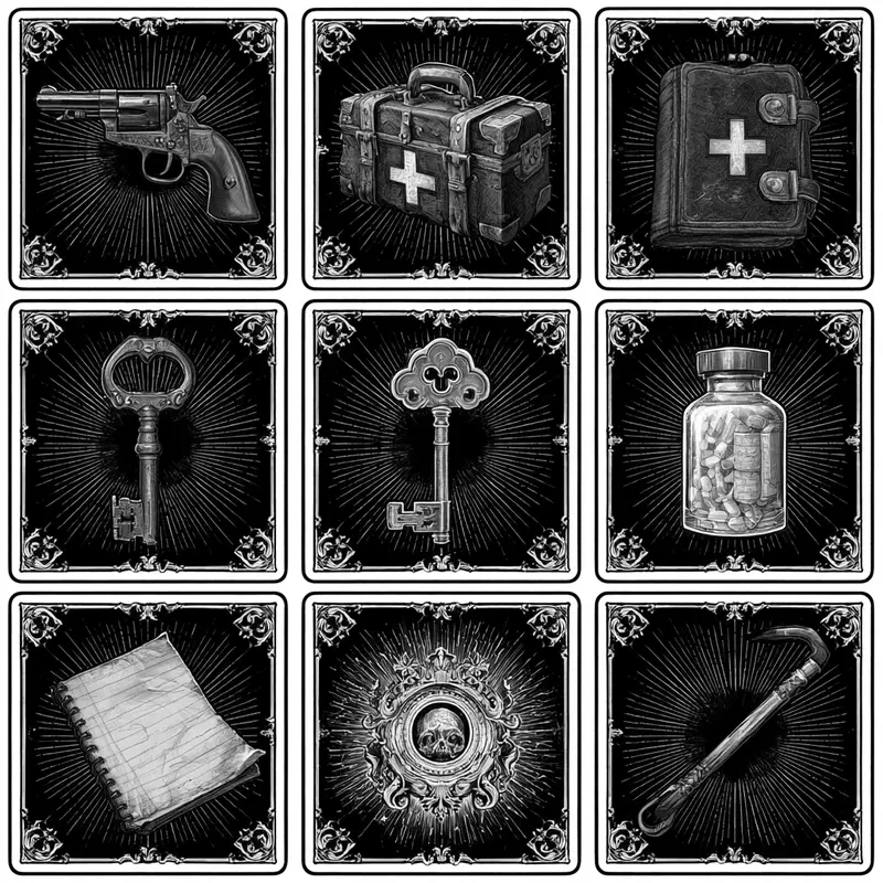 Dark fantasy themed black and white illustrated icons with vintage style