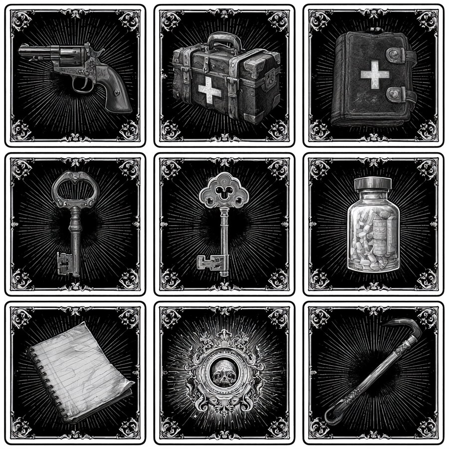 Nine black and white vintage-style illustrated icons featuring a revolver, medical bag, medical book, two different ornate keys, a bottle of pills, a torn notebook, a skull framed in decorative frame, and a crowbar, each in a decorated square border with radiant lines in the background