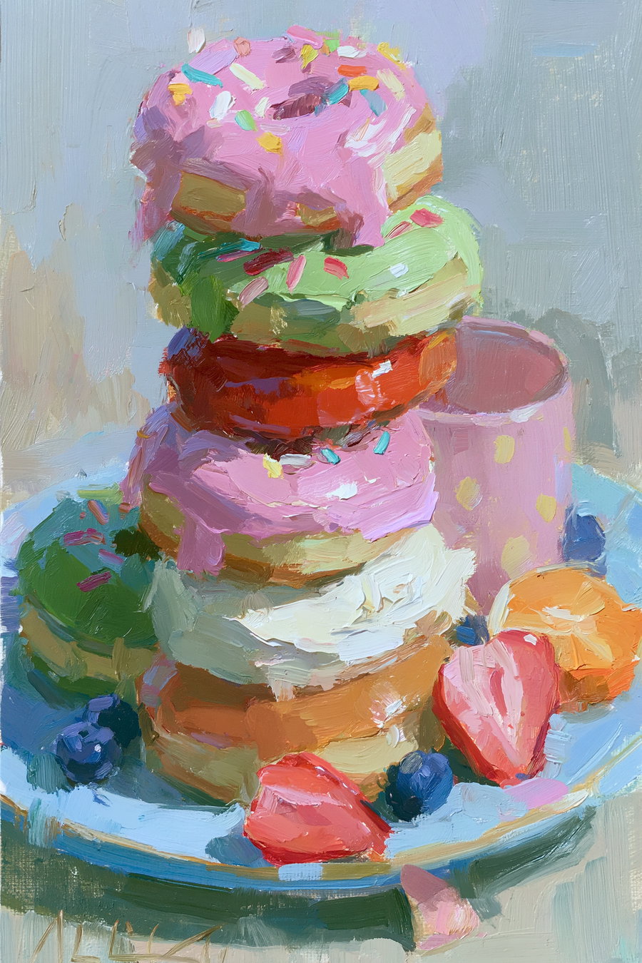 An oil painting depicting a stack of donuts with various bright frostings and sprinkles on a blue plate, along with some berries and sliced fruits surrounding the donuts
