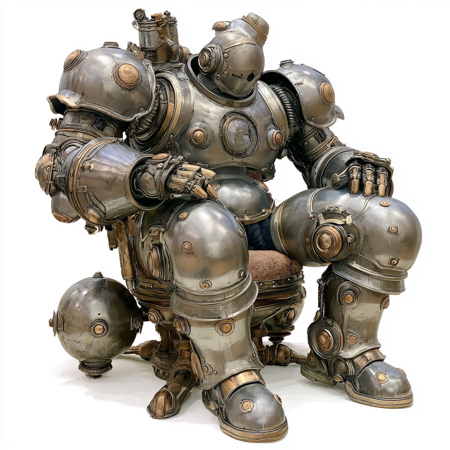 A detailed metallic robot sculpture with a steampunk aesthetic sitting on an ornately carved wooden chair with a cushioned seat, against a white background.