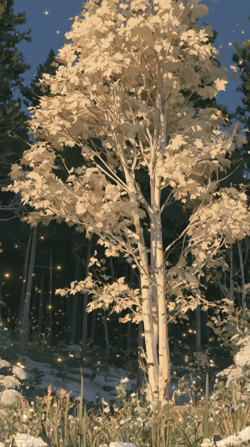 Beautiful night scene of a glowing tree surrounded by fireflies