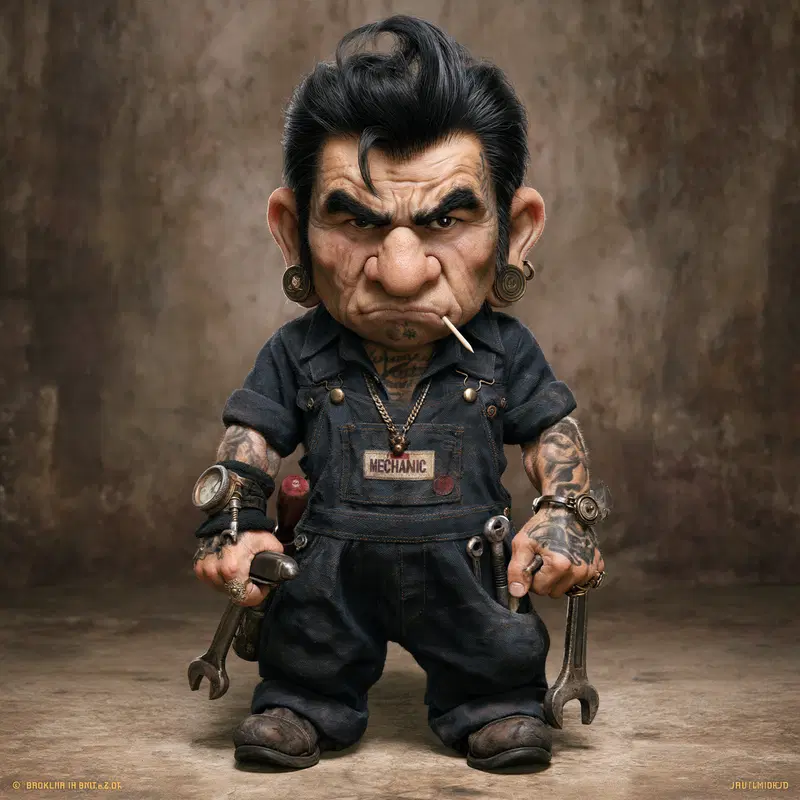 Detailed character design of a tough mechanic with exaggerated features and tattoos