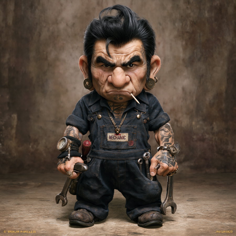 A stylized character with large head and hands, wearing denim mechanic overalls, tattoos on arms, earrings, holding wrenches, and a toothpick in mouth, standing against a plain textured brown background