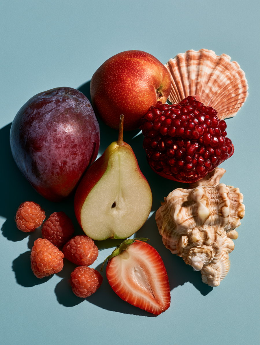 A composition of various fruits including plum, pear half, pomegranate, strawberry half, raspberries, and two seashells arranged on a blue surface casting shadows.